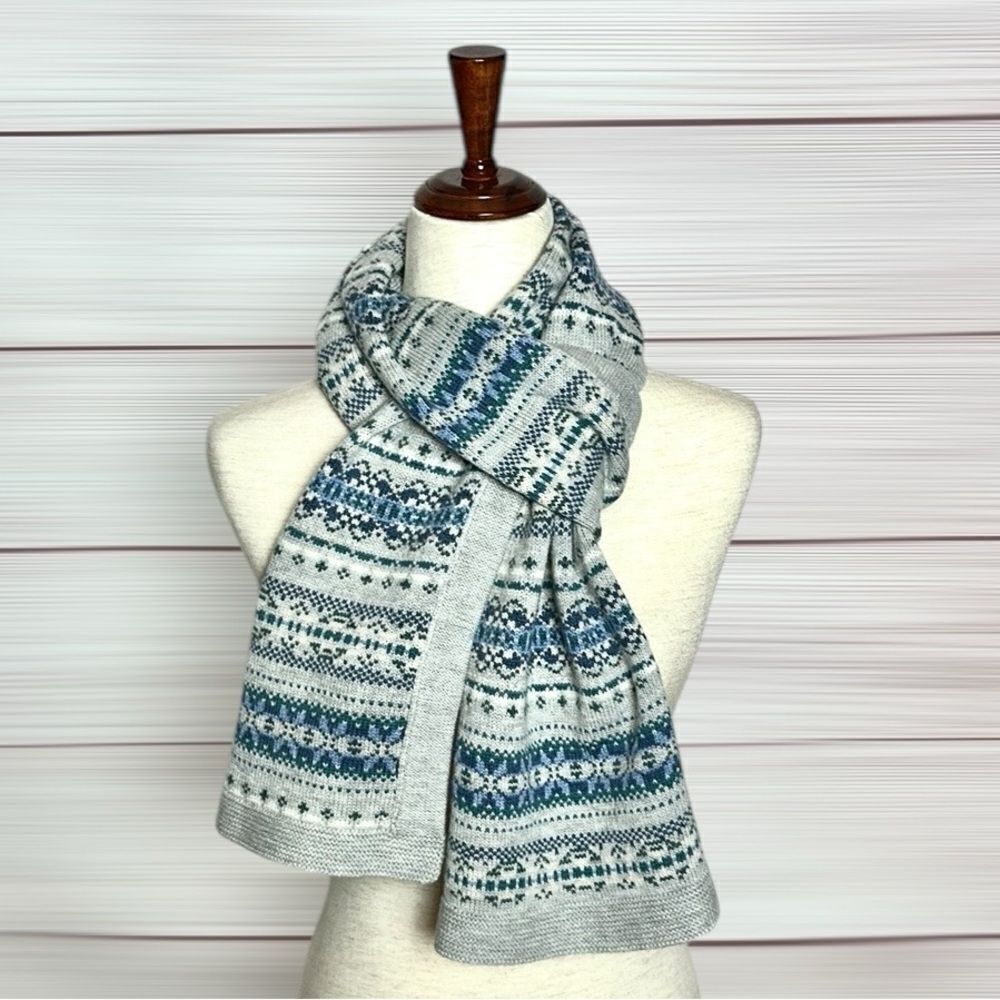 J.Mclaughlin Arthur Wool Knit Long Scarf Gray Blue White Fair Isle Pattern